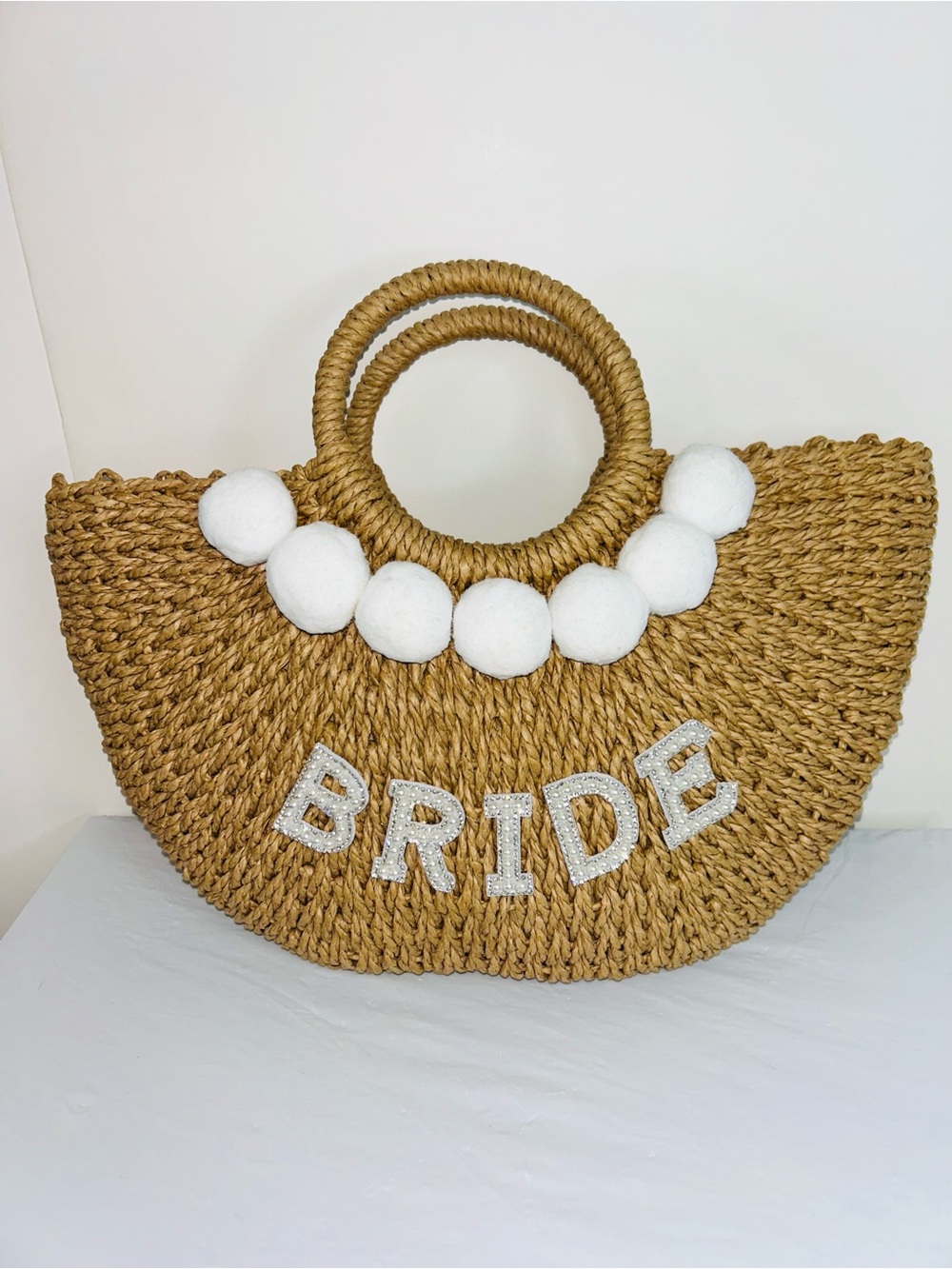Bride Embellished Straw Tote Bag with White Pom-Poms